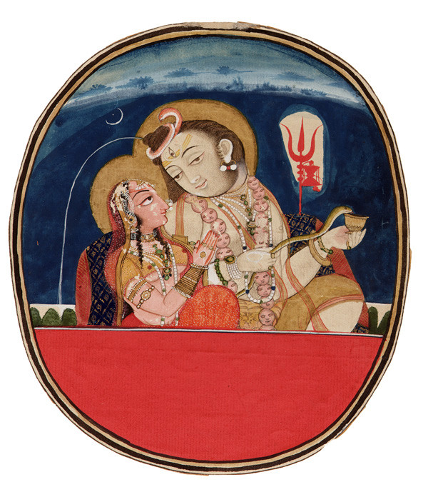 ▲ 시바와 두 번째 아내 파르바티: 시바는 양미간의 제3의 눈을 포함해 세 개의 눈을 가지고 있으며 목이 검푸른 것으로 묘사되어 있으며, 어머니의 강(Mother Ganga) 갠지스 강(the Ganges)은 그의 엉켜 있는 머리카락으로부터 흘러나오고 있다고 한다. 출처: 위키백과